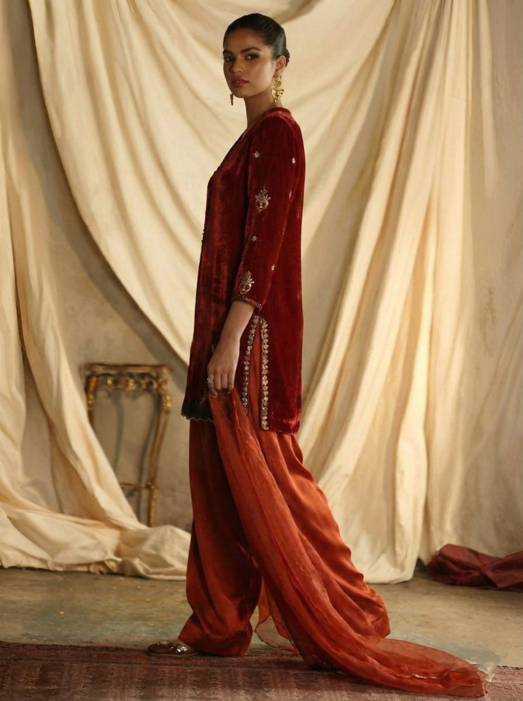 Silk Velvet Top & Silk Salwar Zardozi Suit