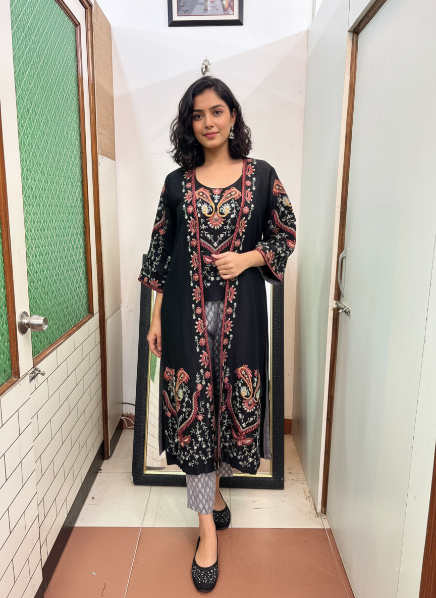 Resham Embroidered Raw Silk Jacket Blouse and Pants Set