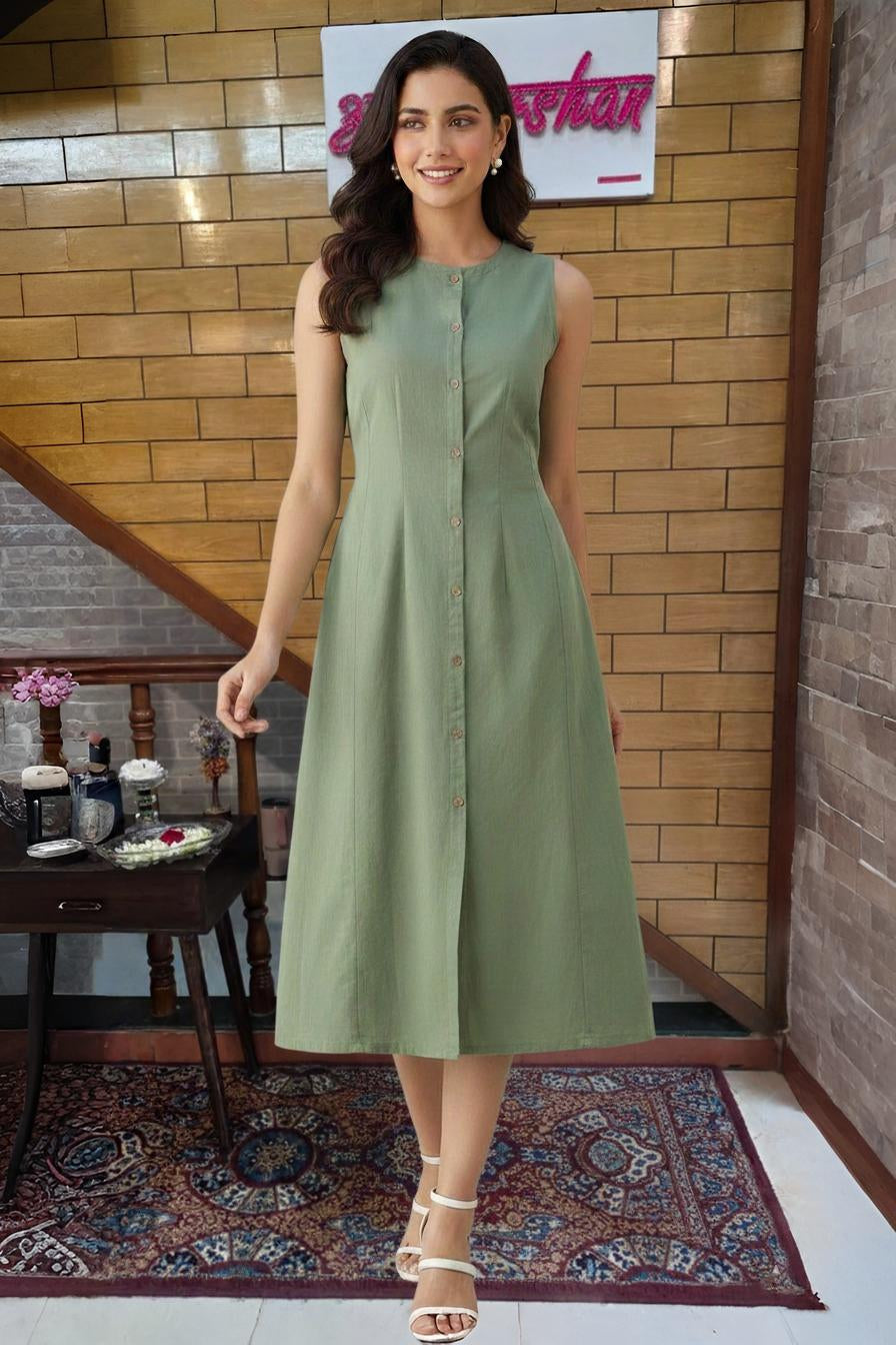 Olive Green Sleeveless Button-Down A-Line Midi Dress