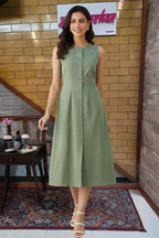 Olive Green Sleeveless Button-Down A-Line Midi Dress