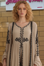 Beige Front-Cut Suit with Black Embroidery & Tassel Dupatta