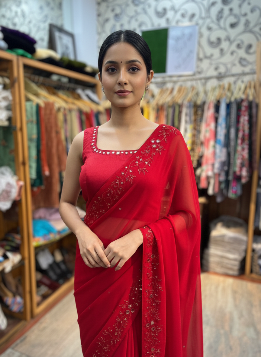 Red Organza Saree with Mirror and Resham Embroidery