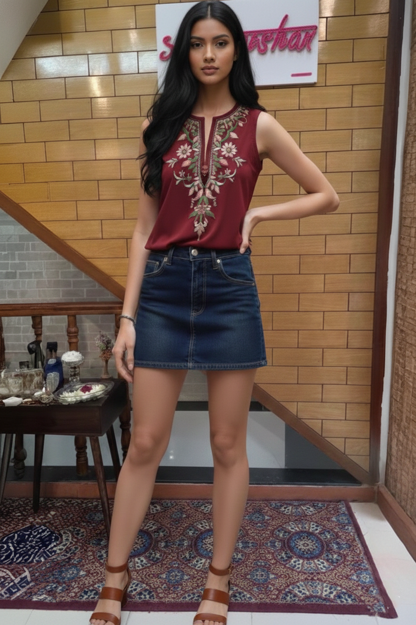 Maroon Sleeveless Top with Floral Embroidery