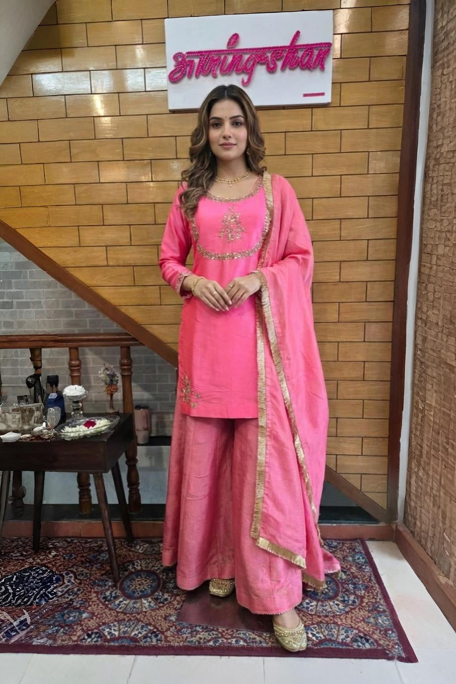 Pink Silk Kurta Set with Gold Embroidery & Dupatta