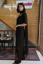 Black Kurta Set with Subtle Red Embroidery & Matching Dupatta