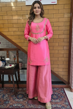 Pink Silk Kurta Set with Gold Embroidery & Dupatta