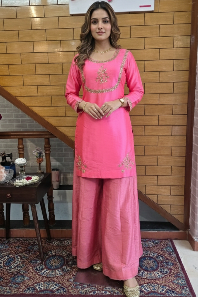 Pink Silk Kurta Set with Gold Embroidery & Dupatta