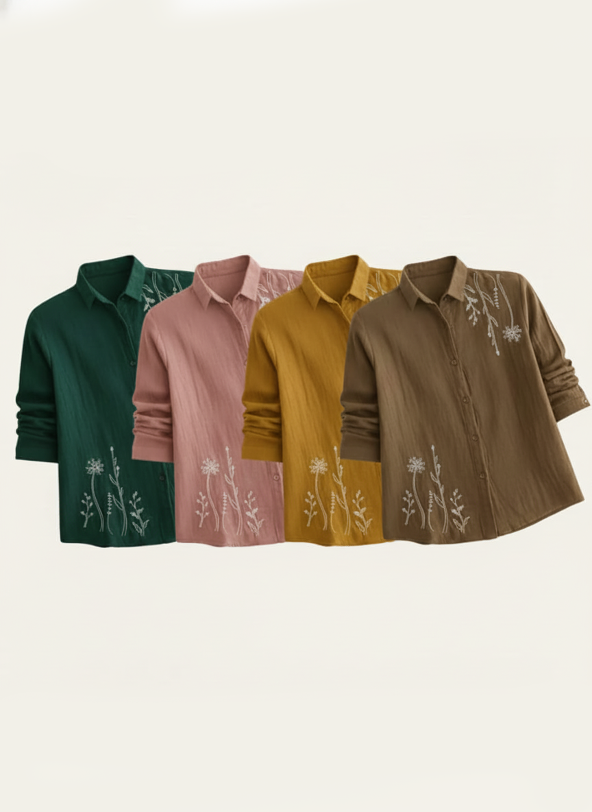 Breathable Cotton Shirt with Floral Resham Detailing