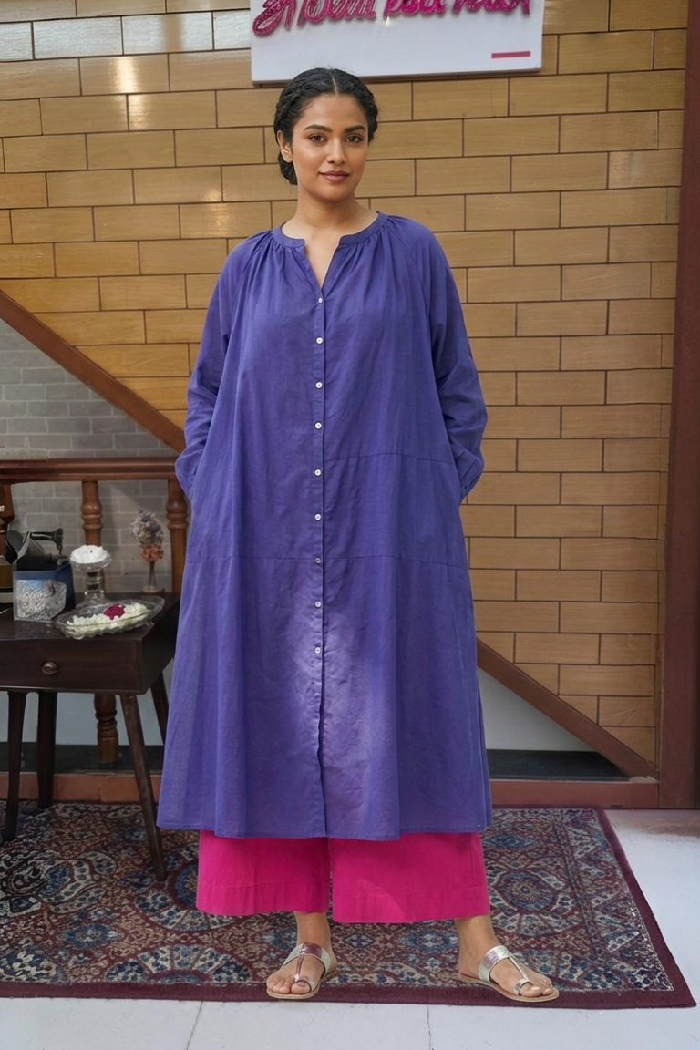 Indigo Button-Down Kurta with Pink Wide-Leg Pants Cord Set