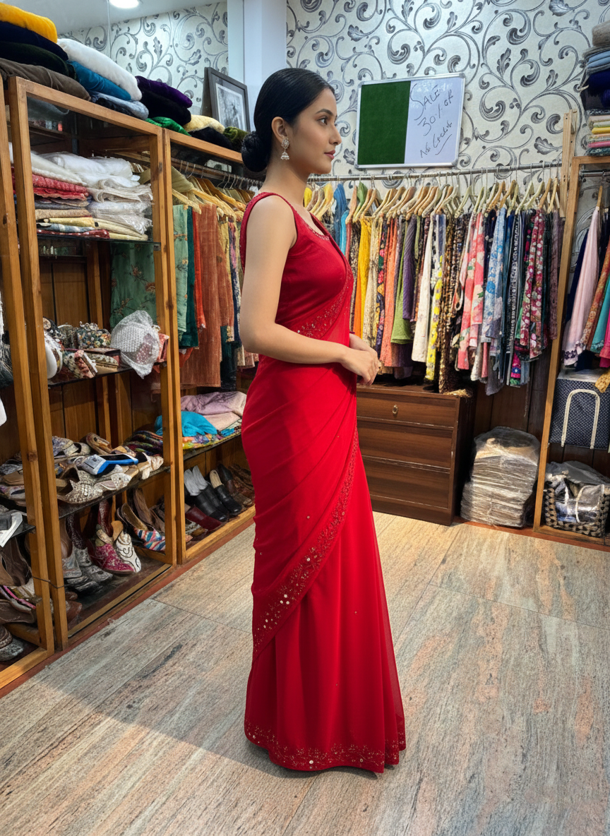Red Organza Saree with Mirror and Resham Embroidery