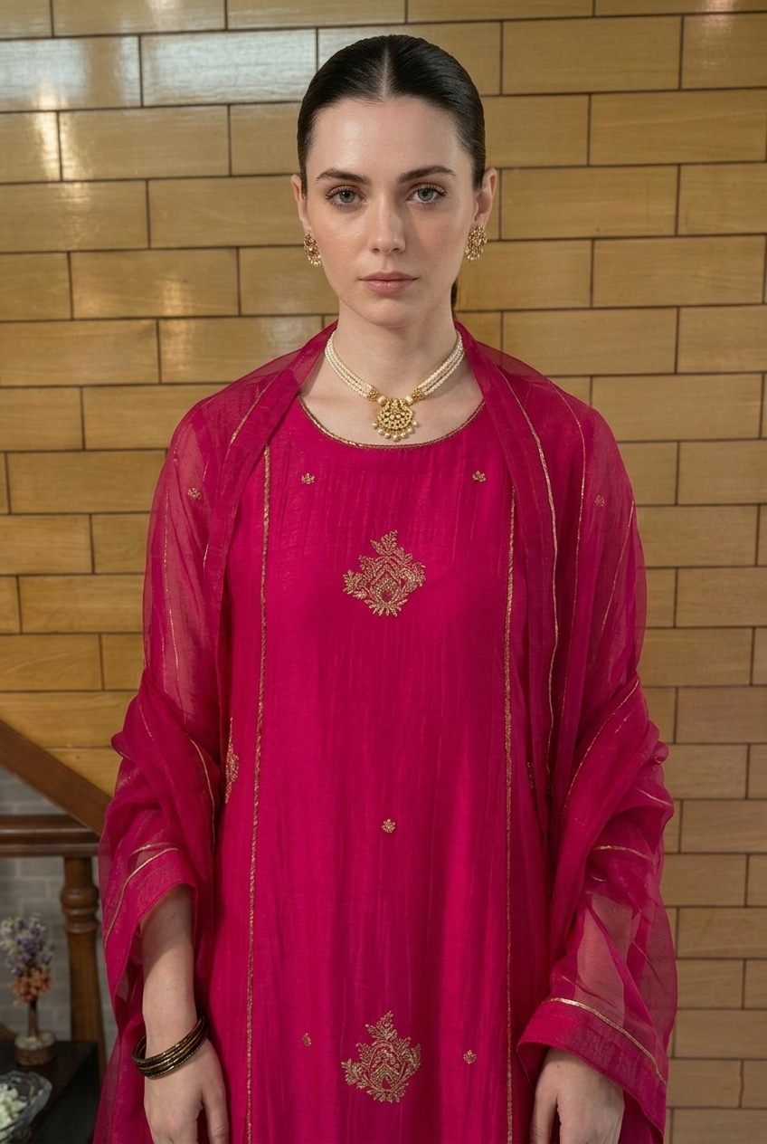 Majestic Pink Ethnic Wear Set with Organza Dupatta