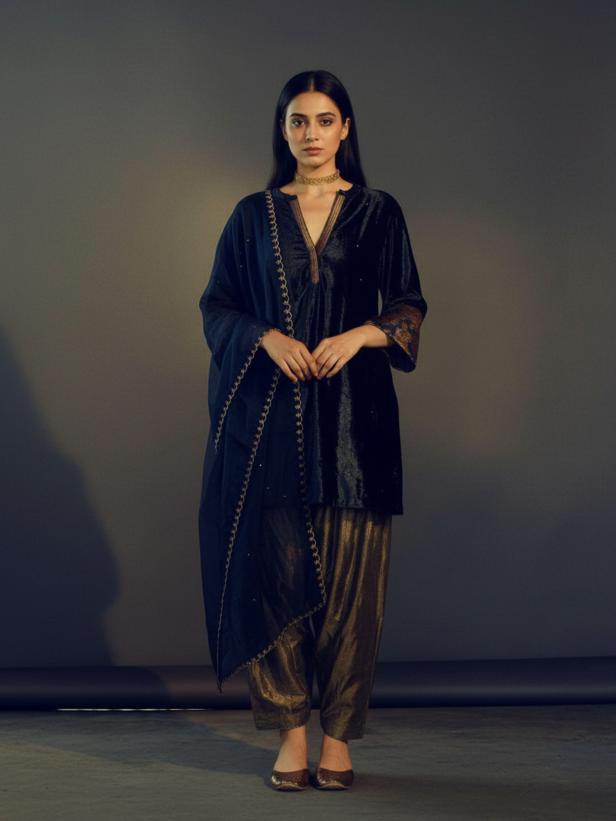 Textured Velvet Attire with Flowing Tissue and Organza