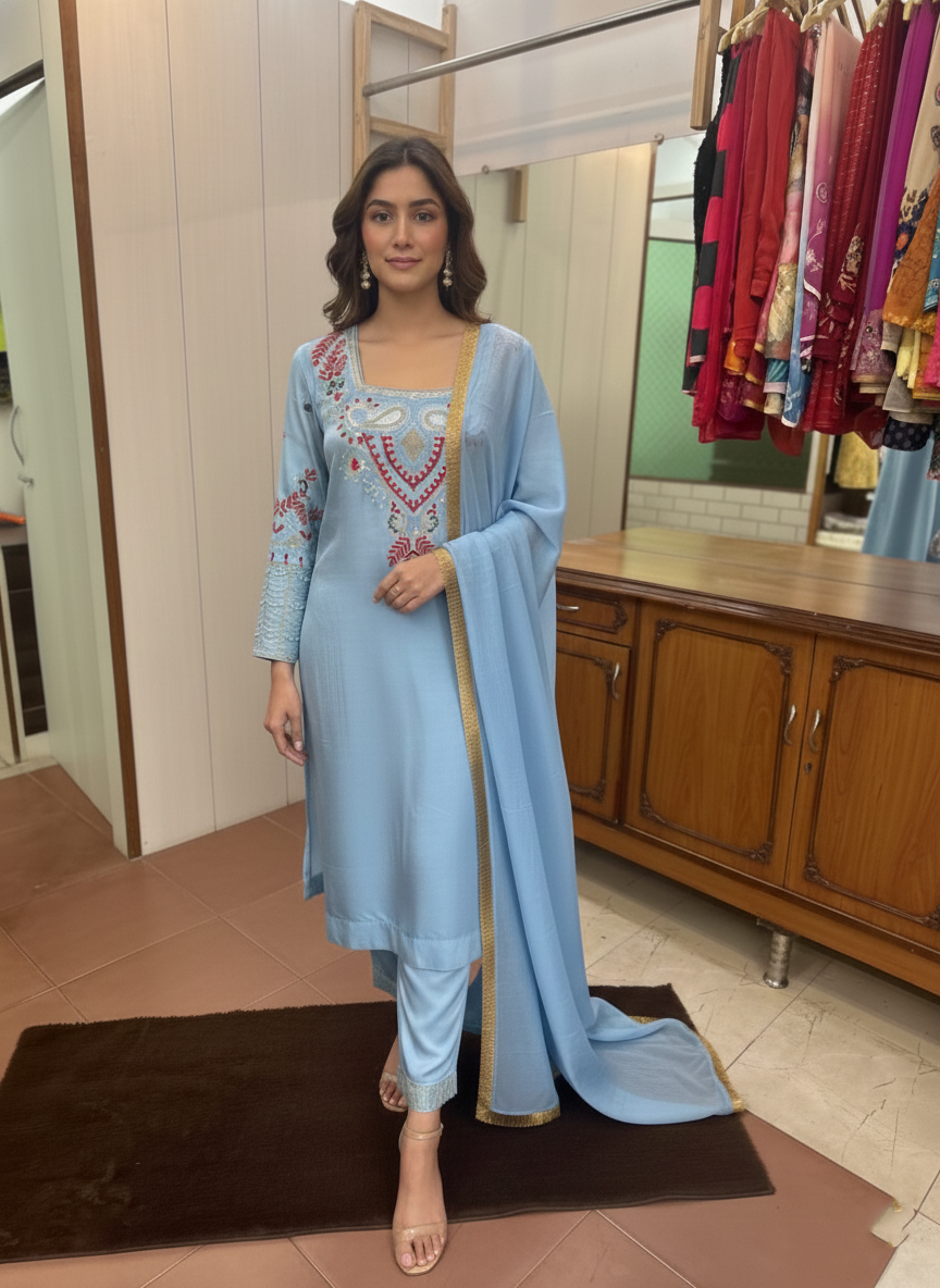 Opulent Crepe Pant Suit with Resham, Zari, and Cutdana Handwork