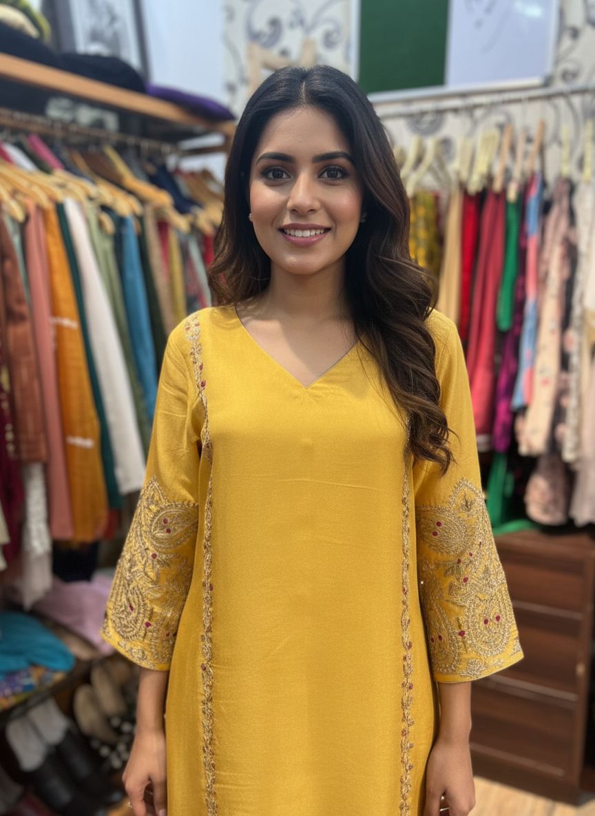 Mustard Aari Work Embroidered Pant Suit