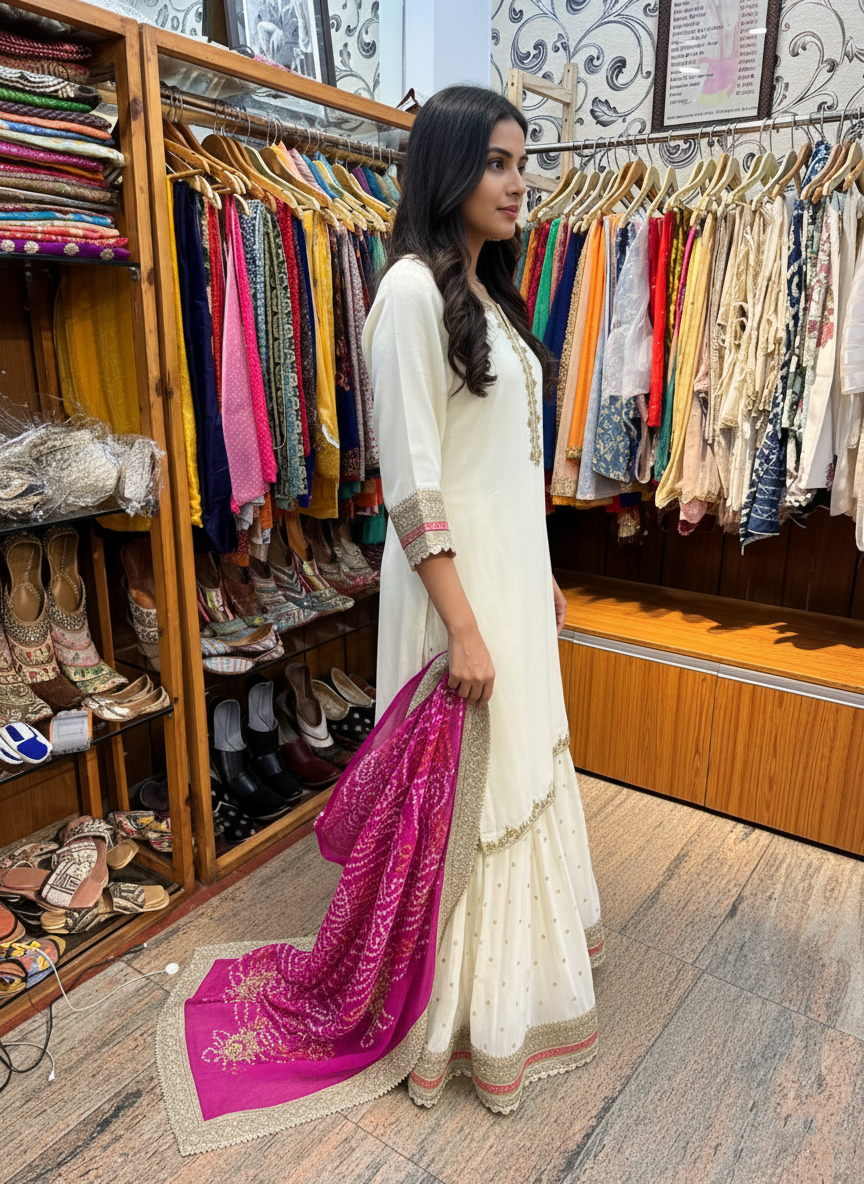 Ivory Crepe Suit with Hand-Embroidered Detailing & Pink Bandhani Dupatta