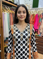 Black & White Satin Polka Dot Pant Suit with Zardozi Work & Chiffon Dupatta