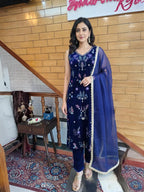 Elegant Silk Velvet Zardozi Work Suit Paired with Organza Dupatta