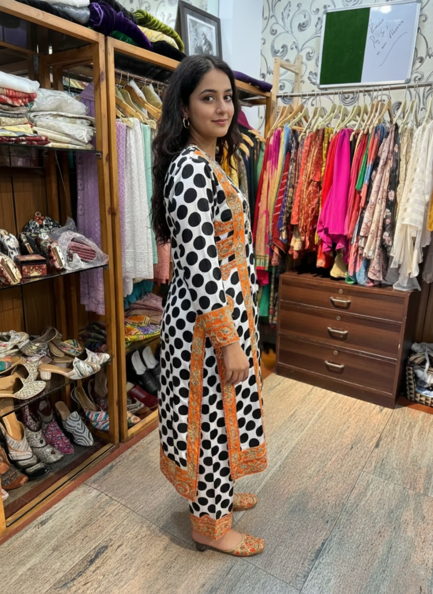 Black & White Satin Polka Dot Pant Suit with Zardozi Work & Chiffon Dupatta