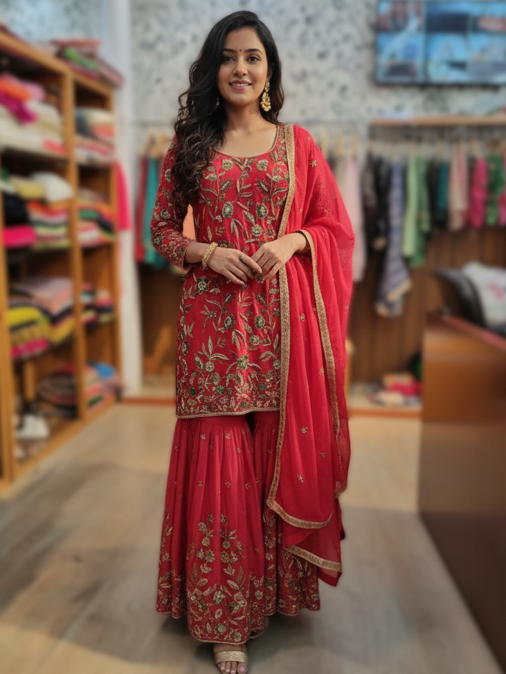 Flowing Crepe Garara Set Embellished with Intricate Zardozi Embroidery