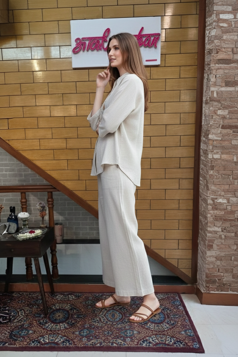 Beige Bloom Linen Co-Ord Set