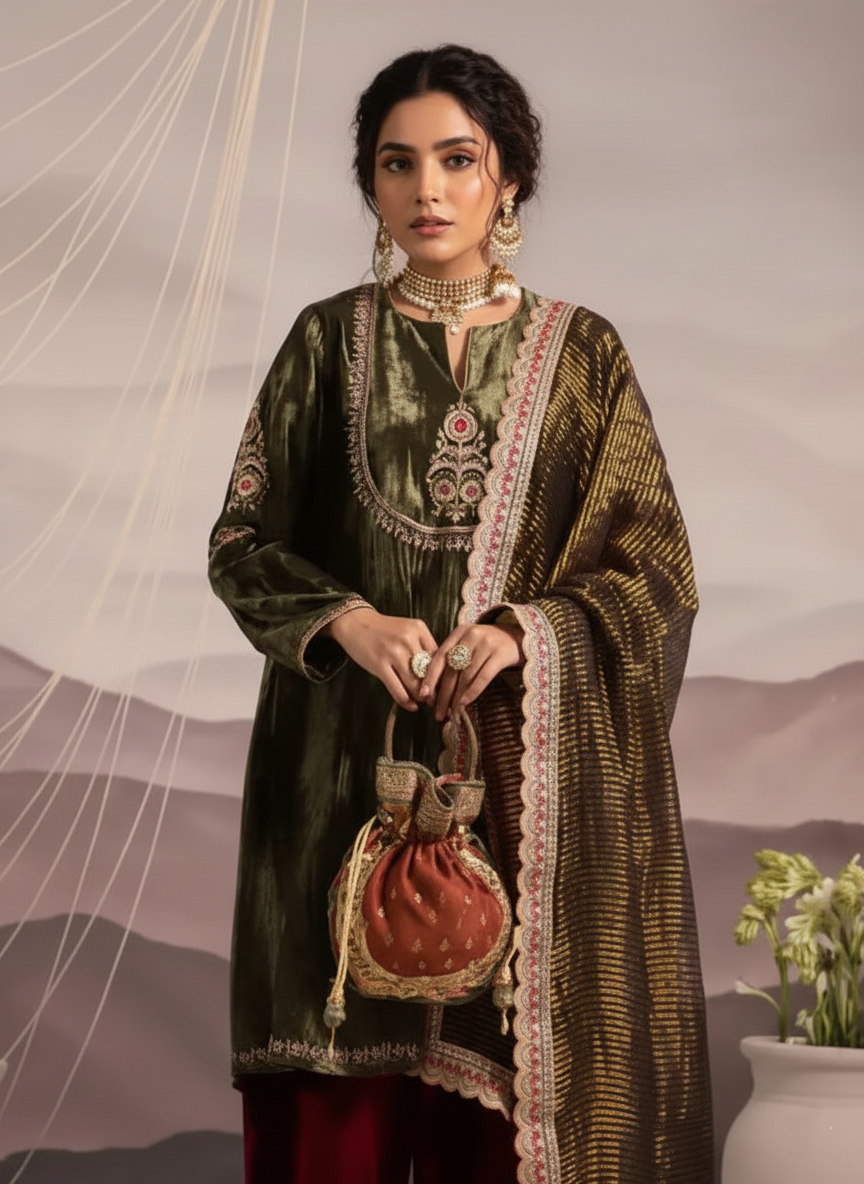 Royal Handcrafted Zardozi Velvet Ensemble
