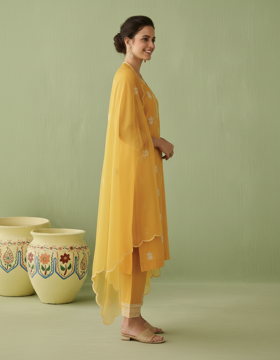 Resham Embroidered Silk Suit Ensemble with Organza Dupatta