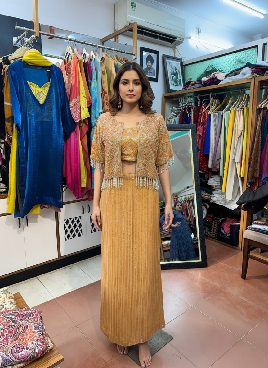 Embroidered Georgette Jacket, Blouse & Skirt Set with Sequence and Beads Work