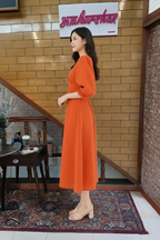 Rust Orange V-Neck Button-Front Midi Dress with Puff Sleeves