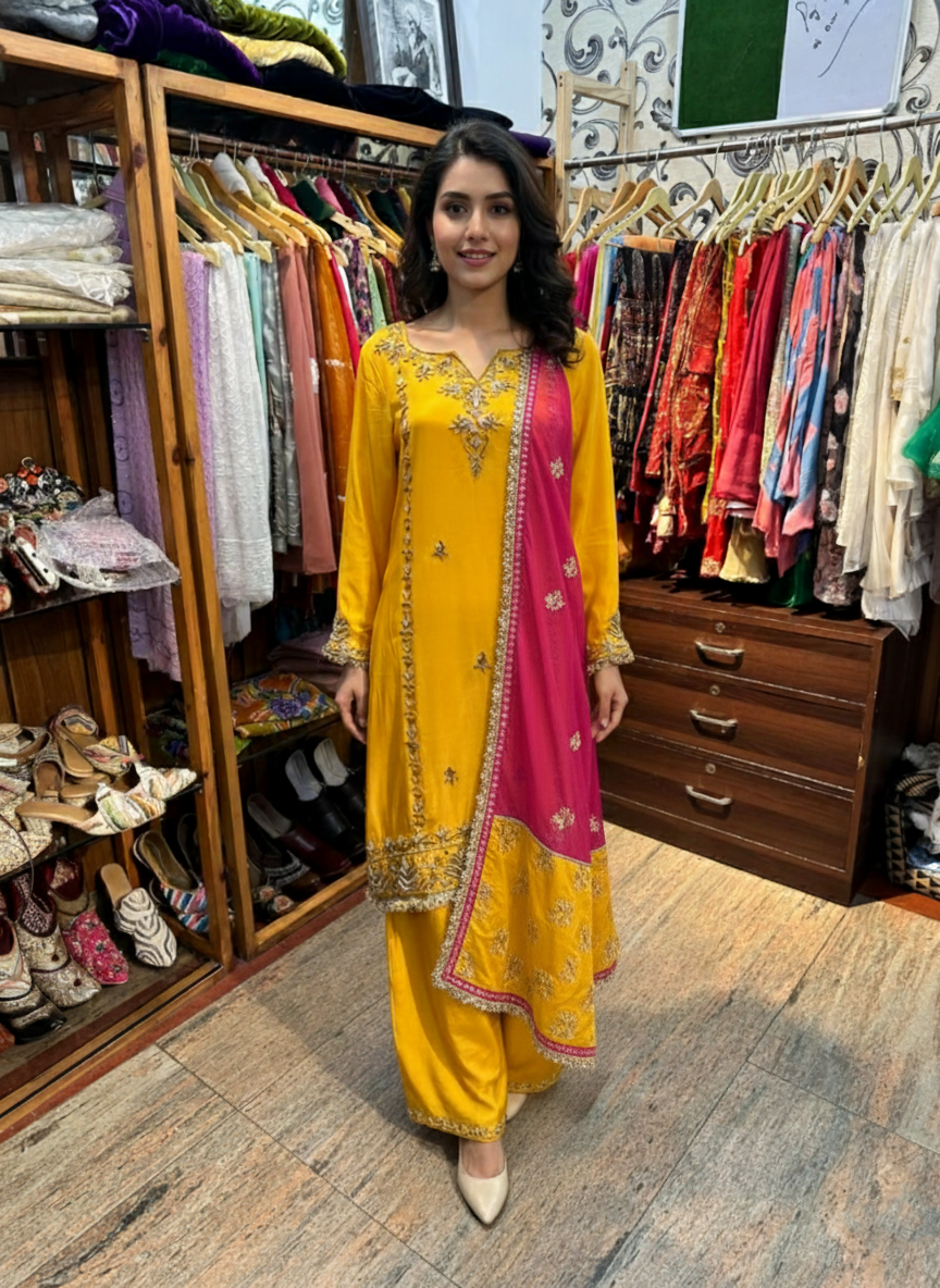 Mustard Crepe Zardozi Embroidered Suit with Organza Dupatta