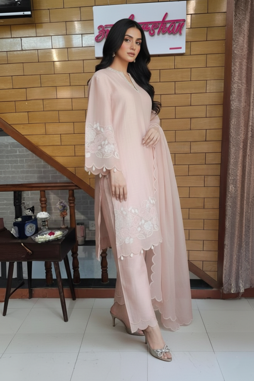Soft Pink Cotton Elegant Kurta Set with Sheer Dupatta