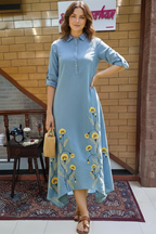 Dusty Blue Floral Embroidered High-Low Midi Dress