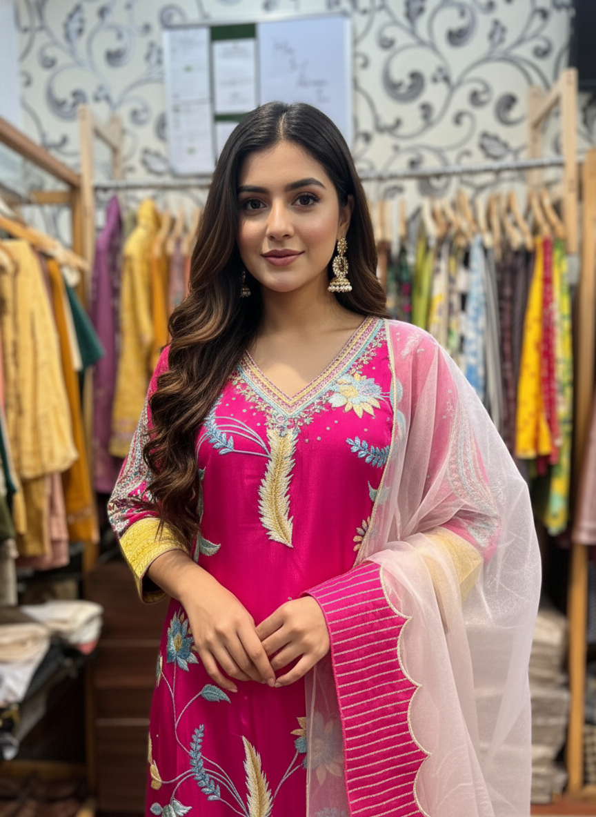 Crepe Pant Suit with Resham and Appliqué Embroidery