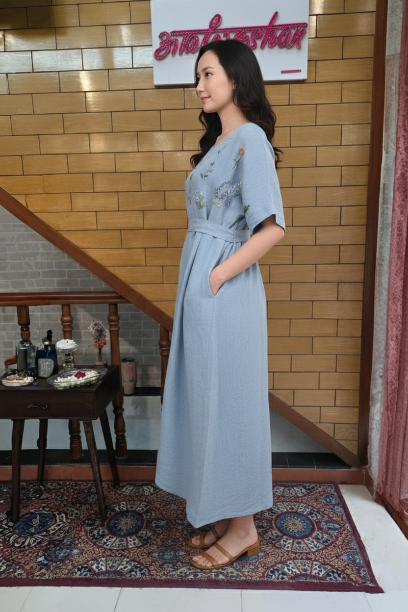 Sky Blue Floral Embroidered A-Line Midi Dress