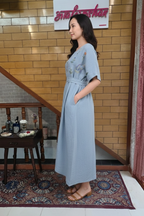 Sky Blue Floral Embroidered A-Line Midi Dress