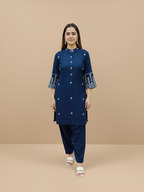 Classic Blue Cotton Suit with Minimal Hand Detailing