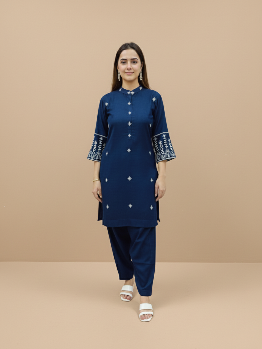 Classic Blue Cotton Suit with Minimal Hand Detailing