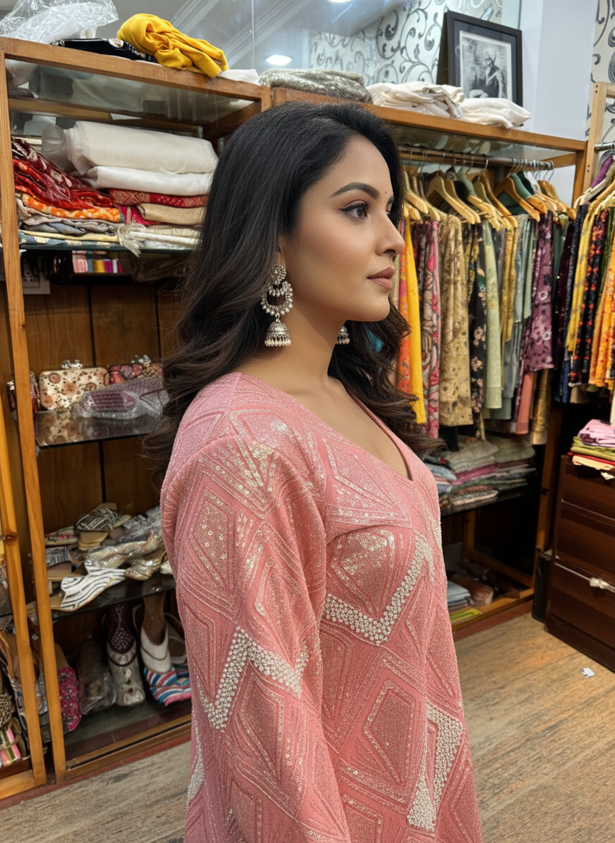 Georgette Sharara Suit with Delicate Pearl Work Embellishment