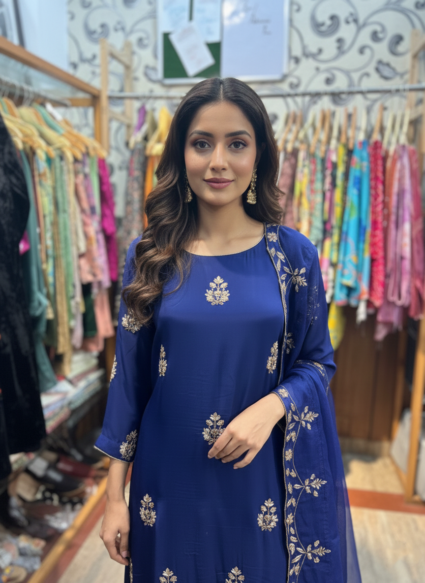 Shimmering Sharara Ensemble: Crepe Fabric with Sparkling Cutdana & Sequence Work