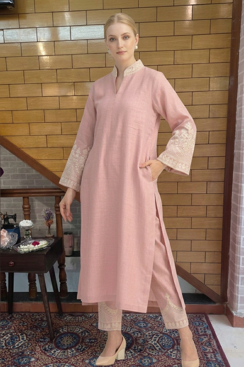 Soft Rose Linen Kurta Set with Intricate Cuff Embroidery
