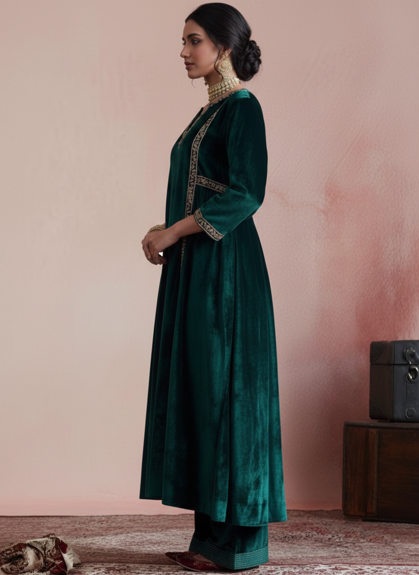 Silk Velvet Suit with Resham & Cutdana Embroidery