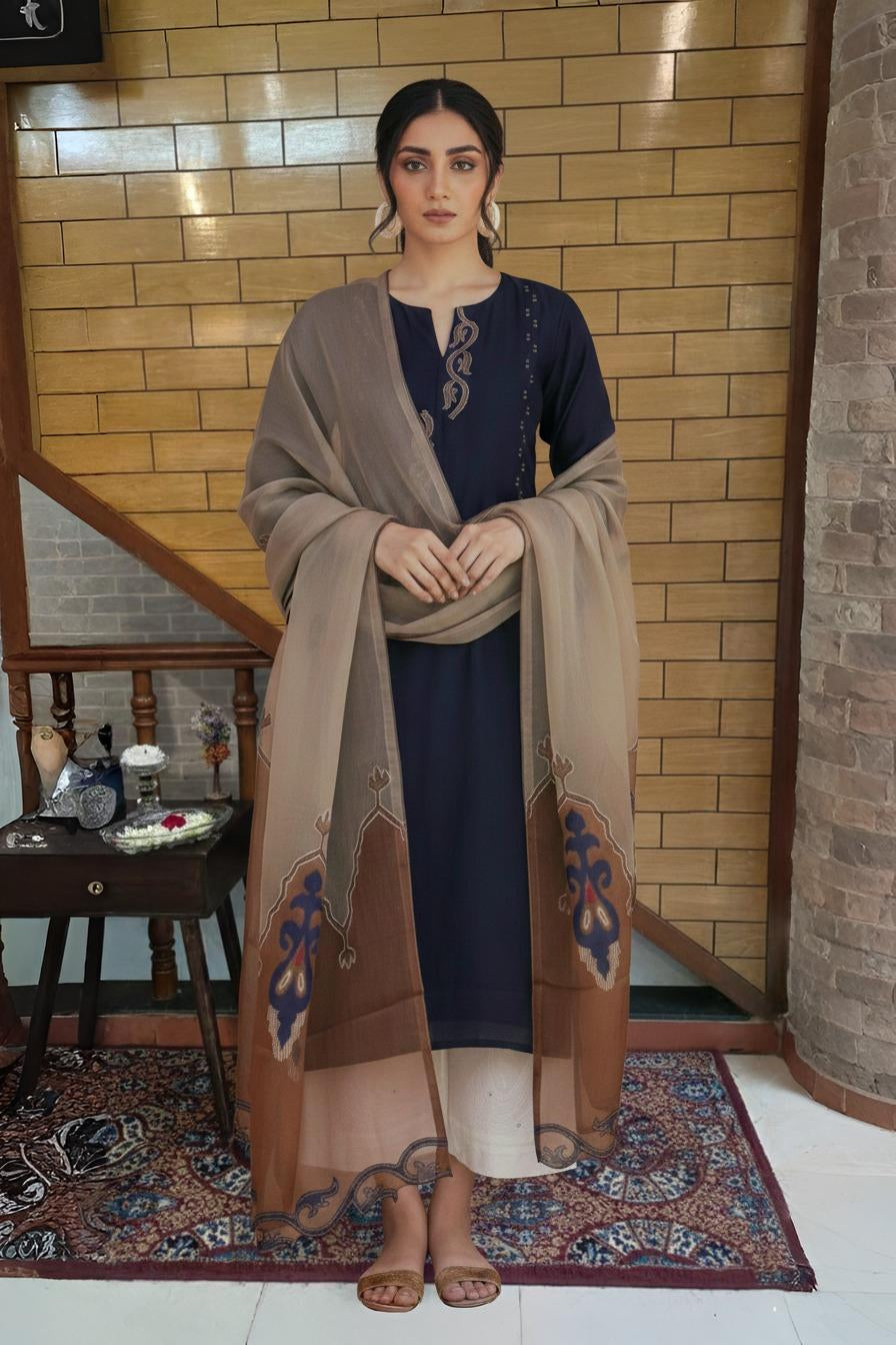 Midnight Blue Embroidered Kurta Set with Beige Organza Dupatta