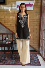 Black Embroidered Sleeveless Kurta with Ivory Wide-Leg Pants cord Set