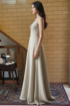 Linen Maxi Dress with Golden Wheat Embroidery