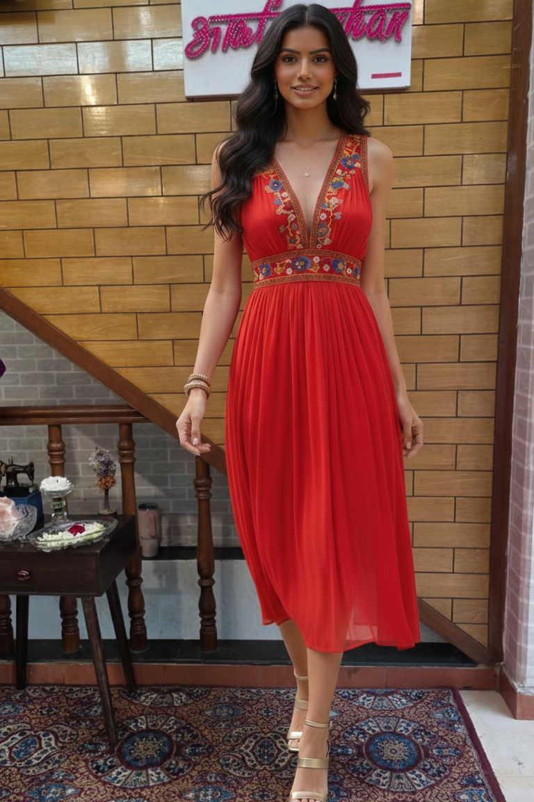 Red Midi Dress with Embroidered Waist & Neckline