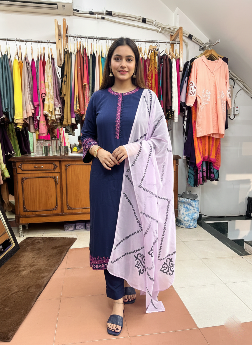 The Fusion Suit: Resham Embroidered Modal Cotton with Organza Dupatta