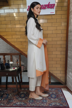 Ivory Embroidered Kurta Set with Peach Organza Dupatta & Lace Detailing