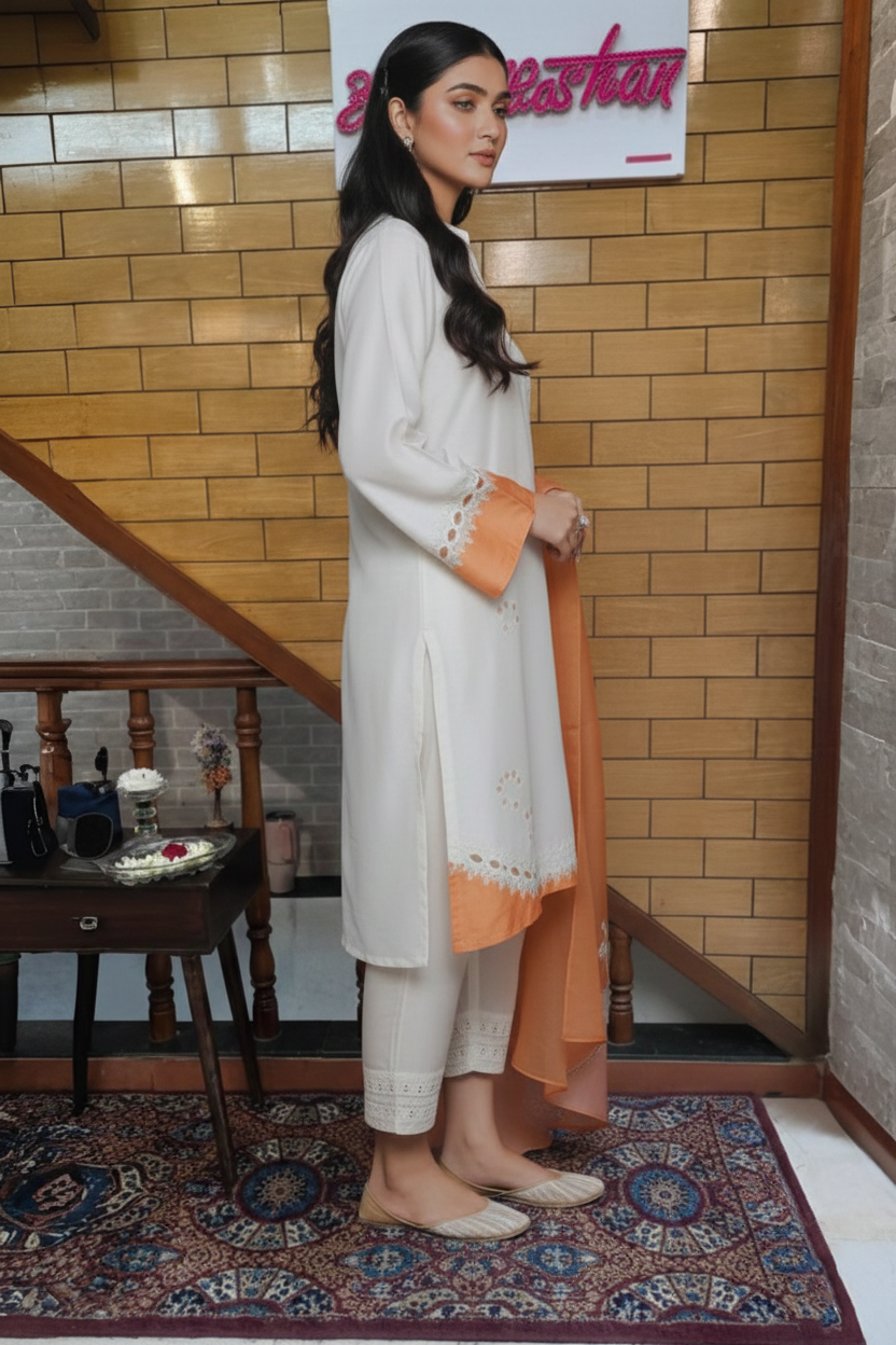 Ivory Embroidered Kurta Set with Peach Organza Dupatta & Lace Detailing