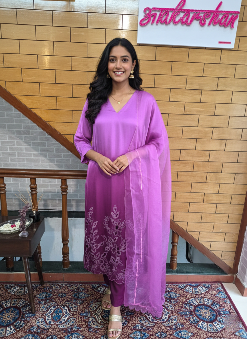 Handcrafted Ombre Modal Satin Suit with Cut Work