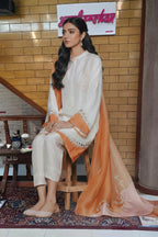 Ivory Embroidered Kurta Set with Peach Organza Dupatta & Lace Detailing
