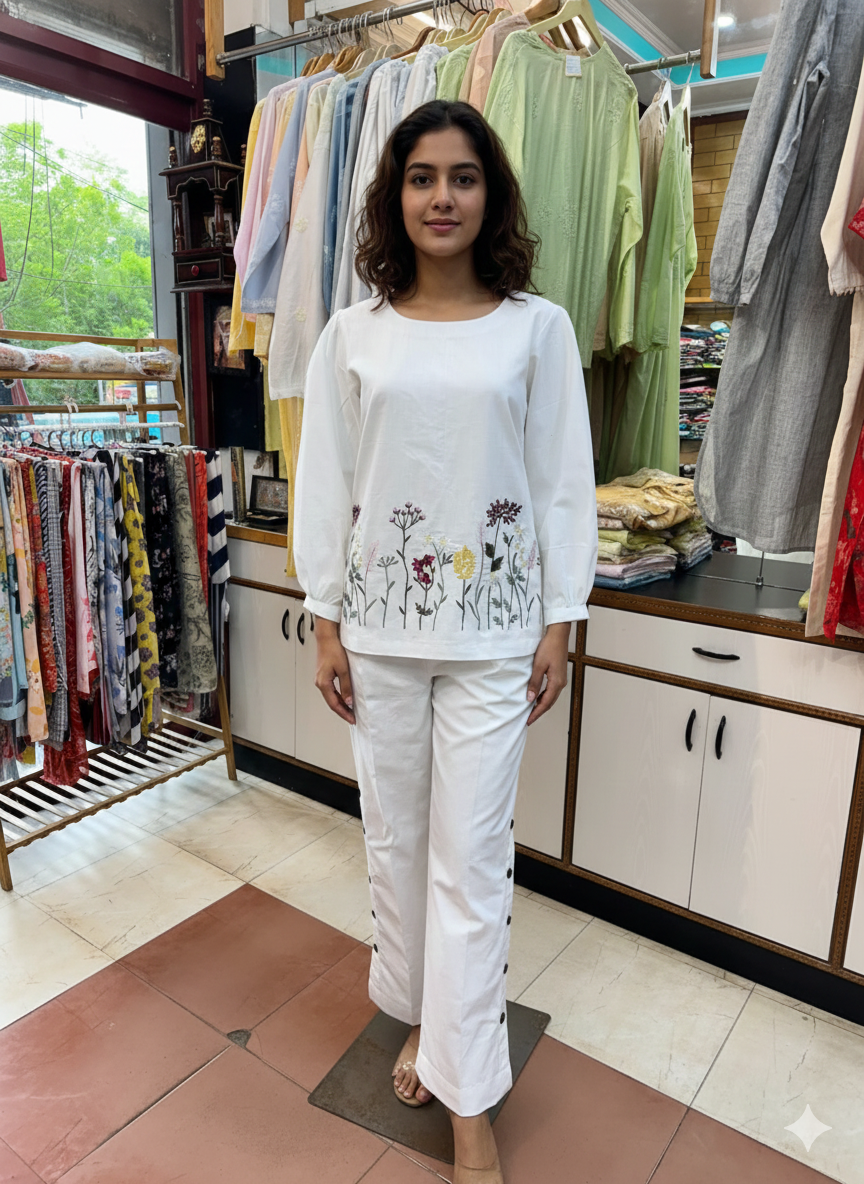 Cotton Linen Co-ord Set with Elegant Resham Handwork